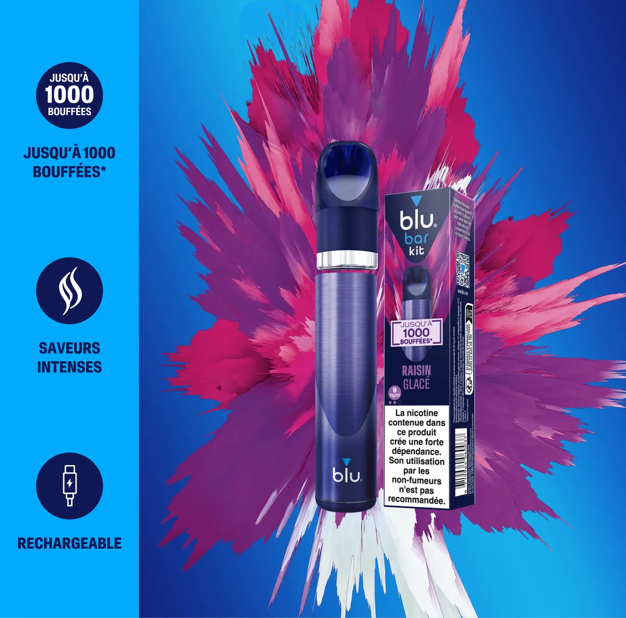 Blu Bar Kit en visuel promotionnel avec son pack de capsules Raisin Glacé